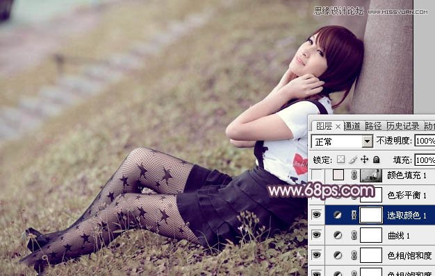 Photoshop调出树下女孩甜美的红褐色调