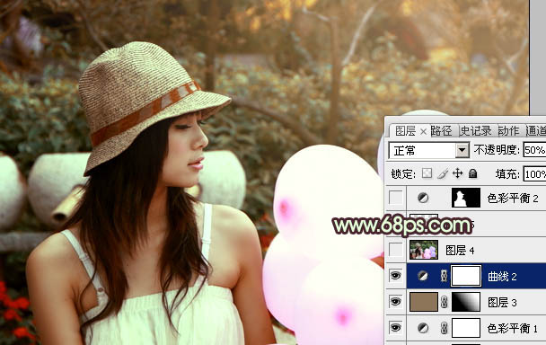 PS调色制作淡黄过渡色彩的公园可爱人物照片
