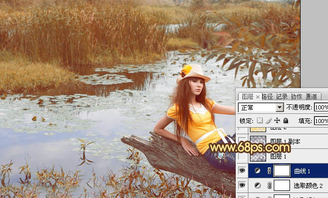 PS调色制作淡黄色的沼泽湖边上女孩写真照片