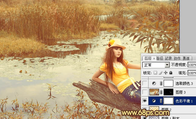 PS调色制作淡黄色的沼泽湖边上女孩写真照片