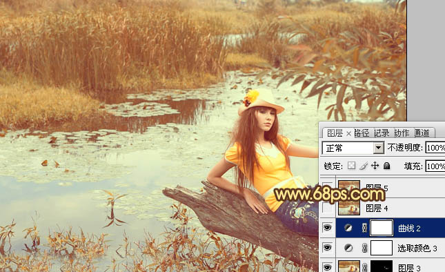 PS调色制作淡黄色的沼泽湖边上女孩写真照片