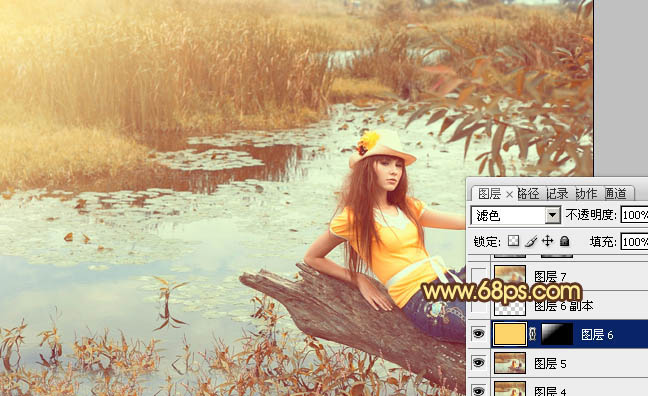 PS调色制作淡黄色的沼泽湖边上女孩写真照片
