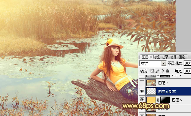 PS调色制作淡黄色的沼泽湖边上女孩写真照片