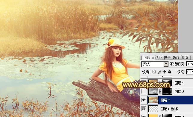 PS调色制作淡黄色的沼泽湖边上女孩写真照片