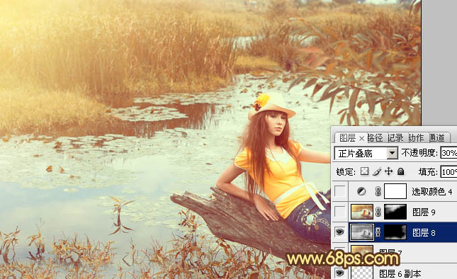 PS调色制作淡黄色的沼泽湖边上女孩写真照片