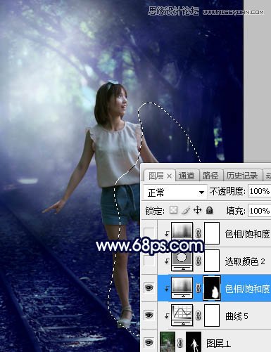 PS调色调出唯美蓝色逆光效果的树下美女照片