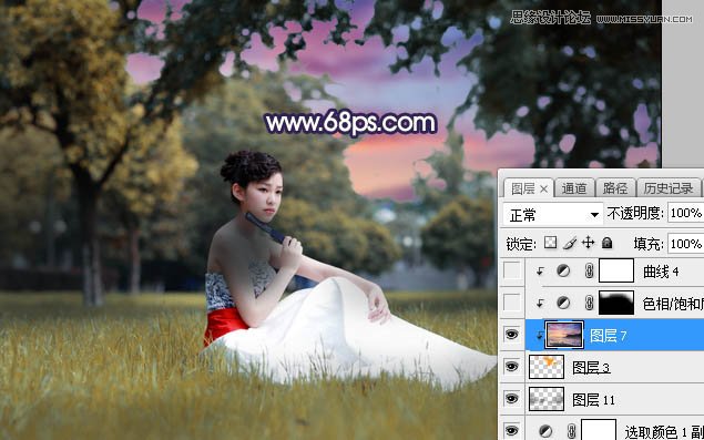 Photoshop给草地美女添加唯美夕阳景色,PS教程,