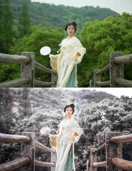 Photoshop调出冷色唯美雪景人物写真照片调色教程