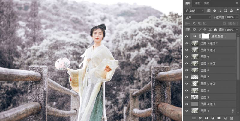 Photoshop调出冷色唯美雪景人物写真照片调色教程