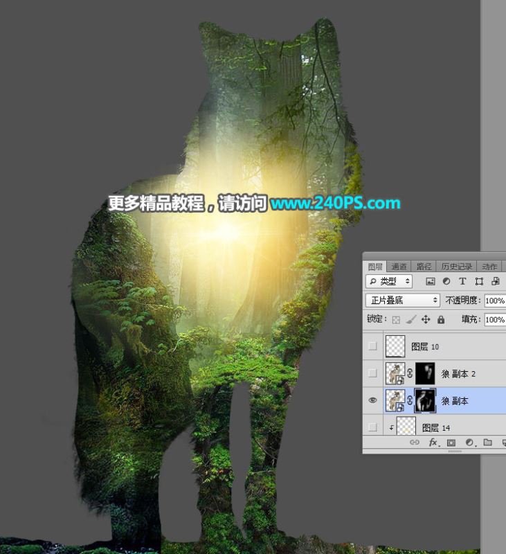 ps怎样制作合成狼与森林结合的二次曝光效果?