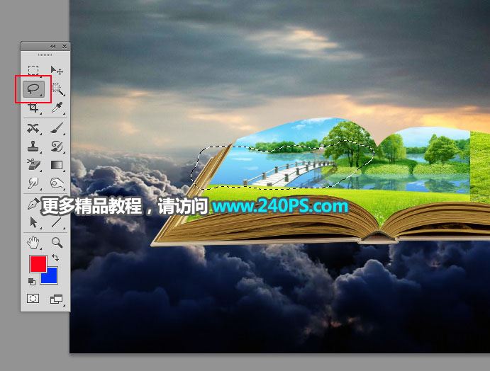 ps创意合成巨大书本中儿童们欢乐踏春的图片教程