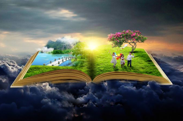 PS合成书本中儿童们欢乐踏春创意图片设计教程