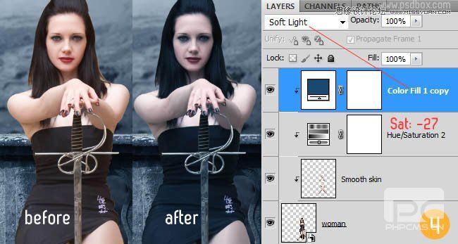 Photoshop合成冷色调风格的天使女武士