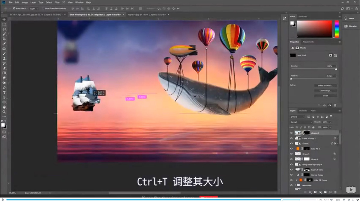 Photoshop创意合成被热气球带飞的鲸鱼