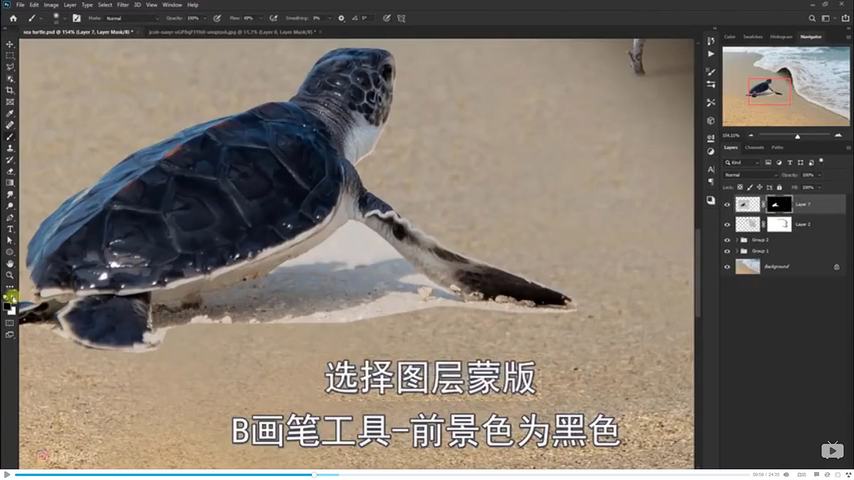 Photoshop合成海边海龟和被掀起的海浪场景