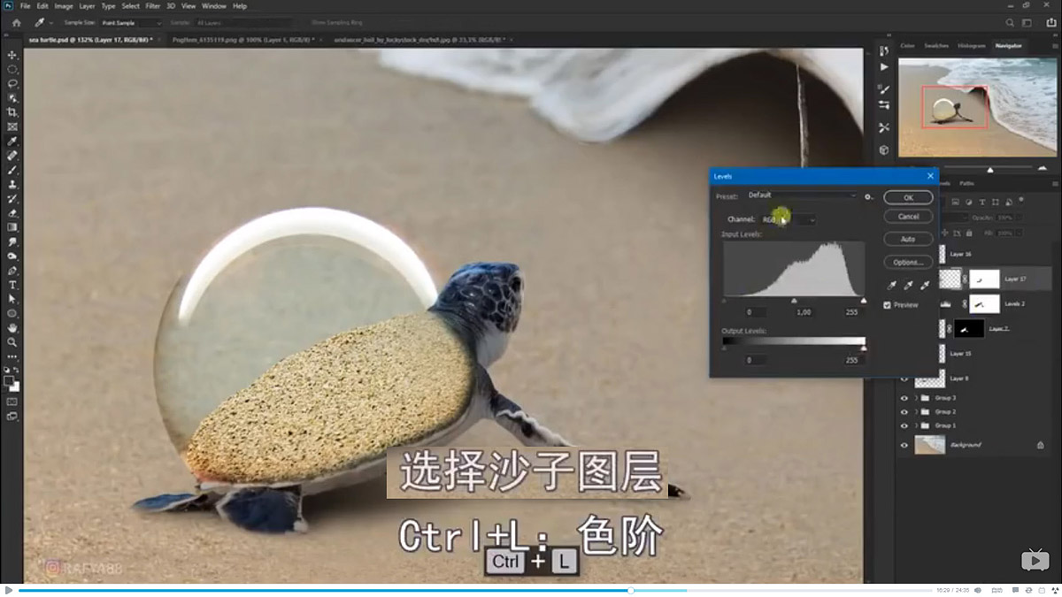 Photoshop合成海边海龟和被掀起的海浪场景