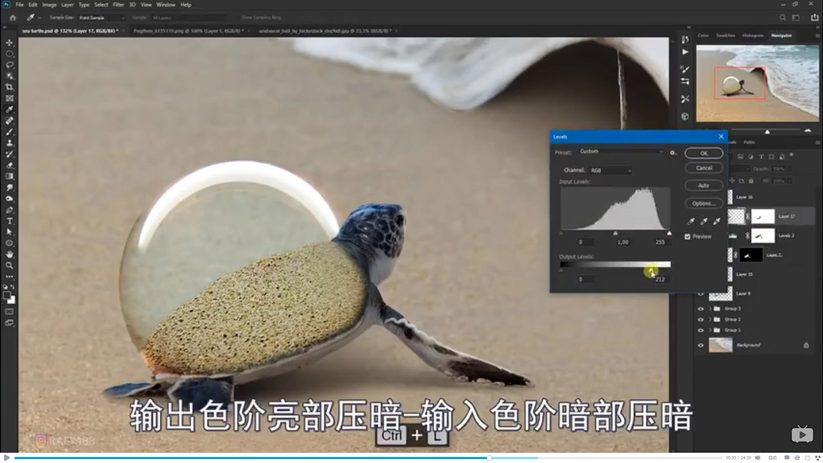 Photoshop合成海边海龟和被掀起的海浪场景