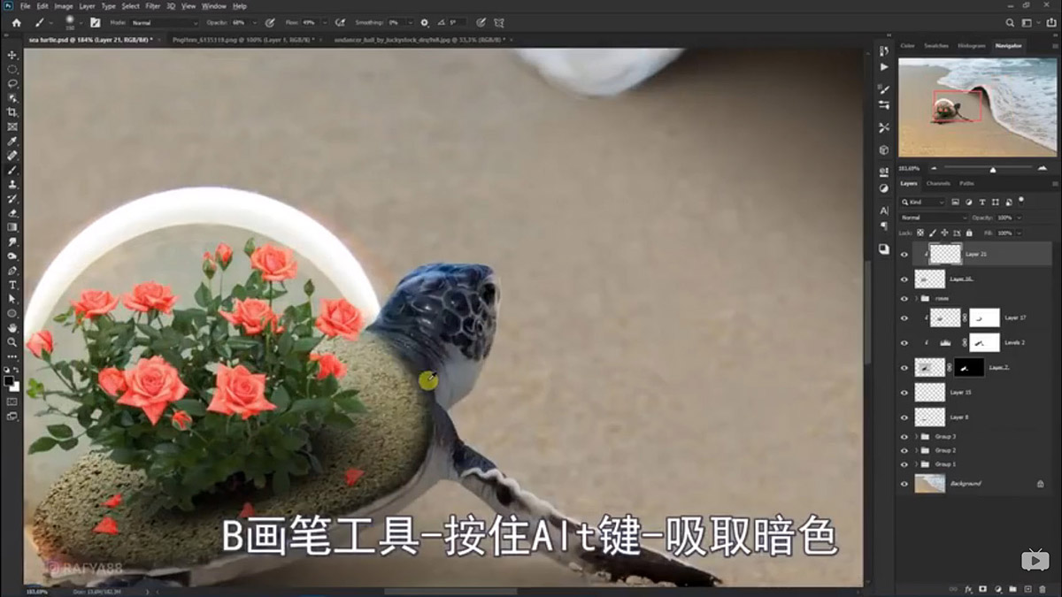 Photoshop合成海边海龟和被掀起的海浪场景