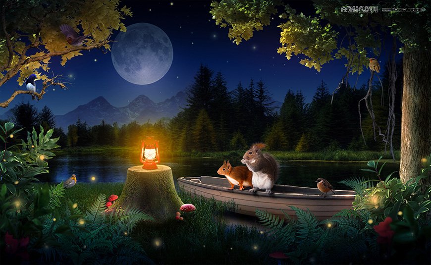 Photoshop合成森林中马灯下的小动物场景图片教程