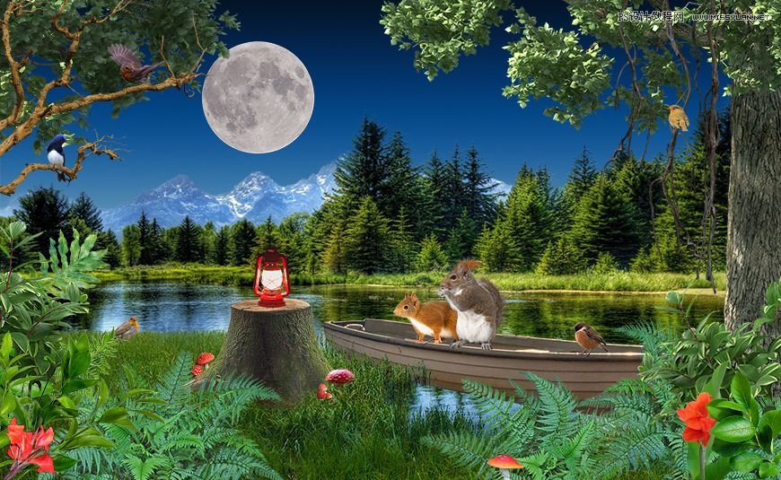 Photoshop合成森林中马灯下的小动物