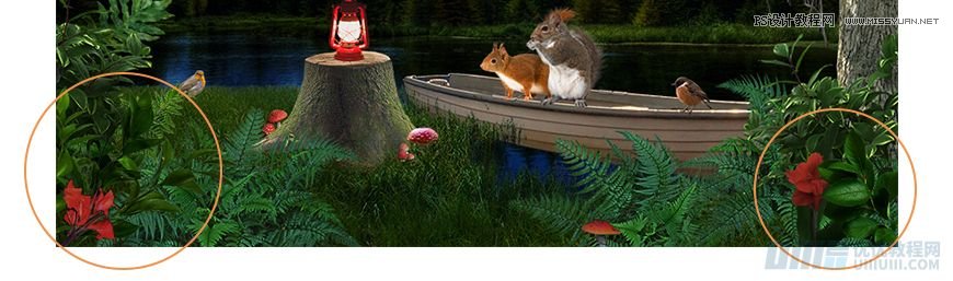 Photoshop合成森林中马灯下的小动物