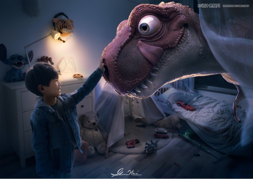 Photoshop制作房间里抚摸恐龙头的小男孩图片合成教程