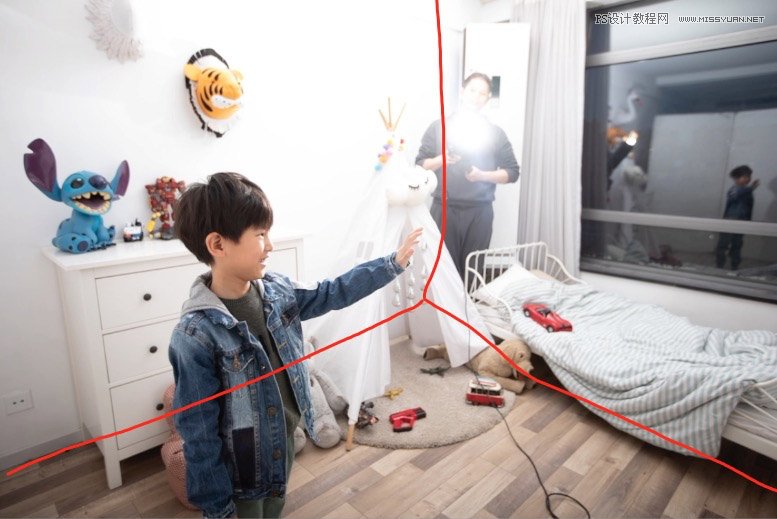 Photoshop合成房间里抚摸恐龙头的小男孩