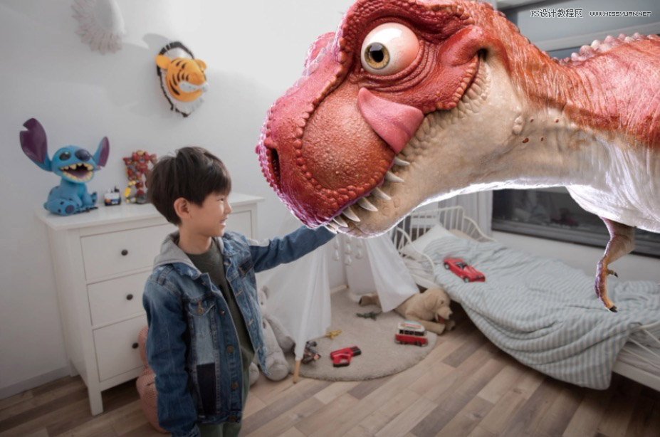 Photoshop合成房间里抚摸恐龙头的小男孩