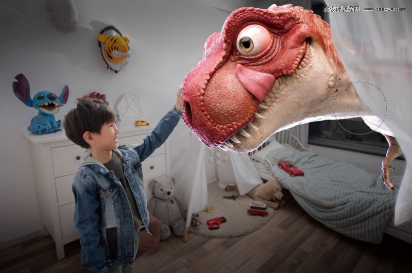Photoshop合成房间里抚摸恐龙头的小男孩
