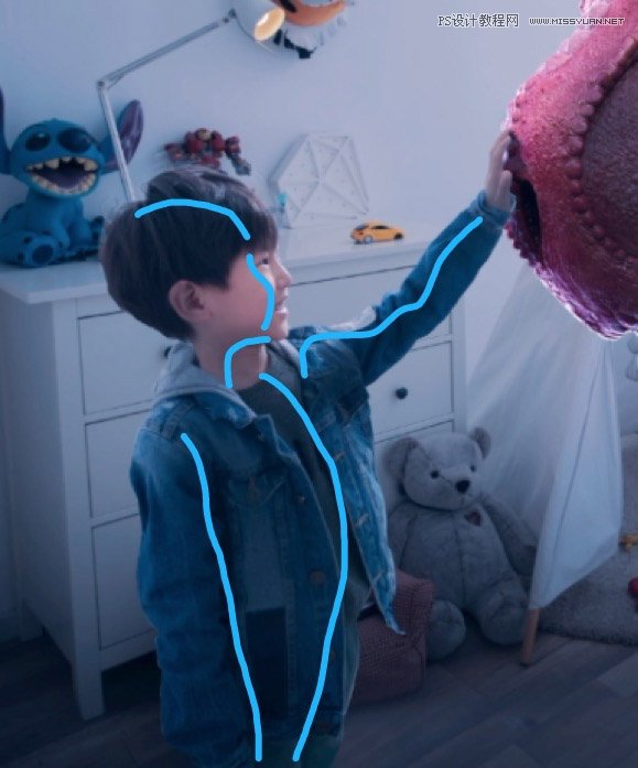 Photoshop合成房间里抚摸恐龙头的小男孩