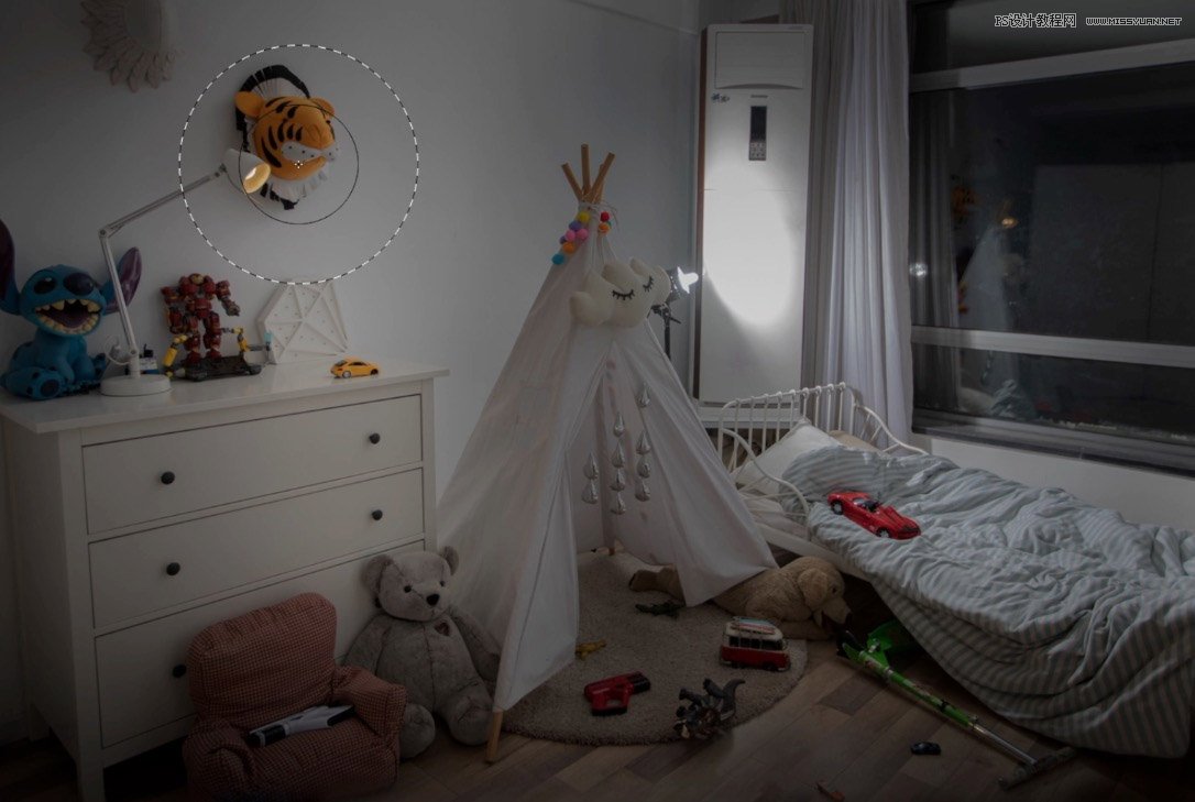 Photoshop合成房间里抚摸恐龙头的小男孩